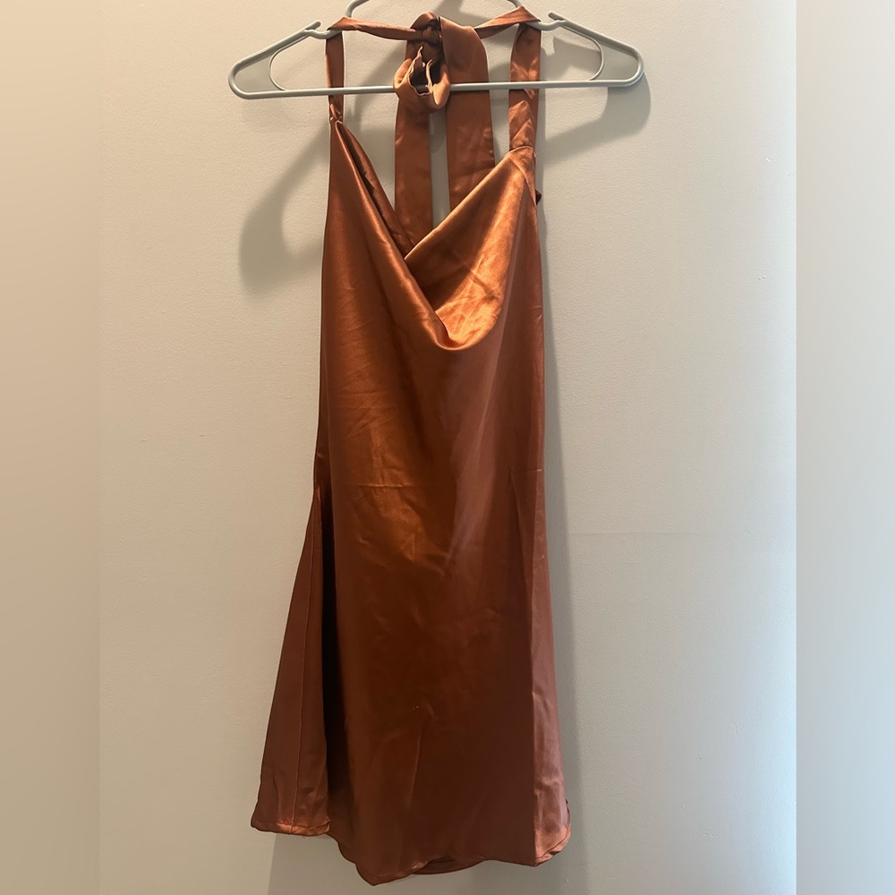 Beige Botany Brown Satin Mini Slip Dress